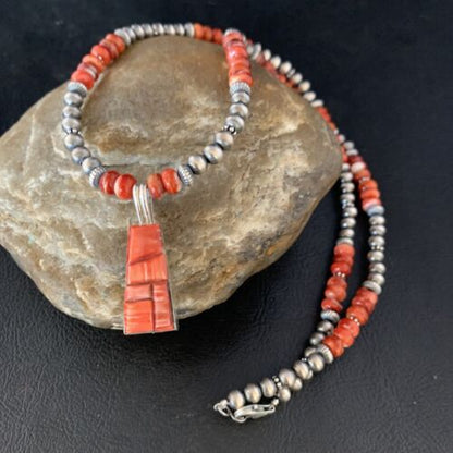Navajo Pearls Red Spiny Oyster Sterling Necklace | Inlay Pendant | 20" | Native American Jewelry | 13652