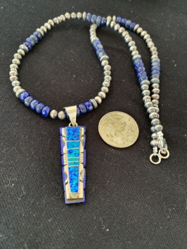 Navajo Purple Opal Lapis Necklace Pendant Set | Sterling Silver Inlay | Authentic Native American Handmade | 00594