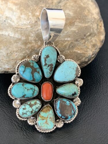 Navajo Cluster Coral Spiderweb Turquoise Pendant | Sterling Silver | Authentic Native American Handmade | 2228