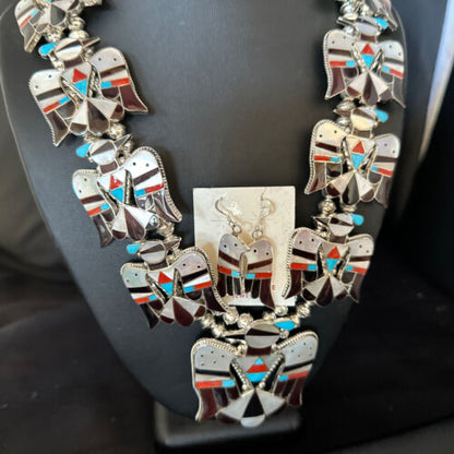 Zuni Thunderbird Turquoise Mother of Pearl Sterling Squash Blossom Necklace | Native American | 14442