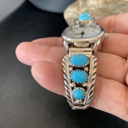 Navajo Sterling Silver Watch Tips with Blue Kingman Turquoise | Stretch Band | Authentic Native American Jewelry | 11578