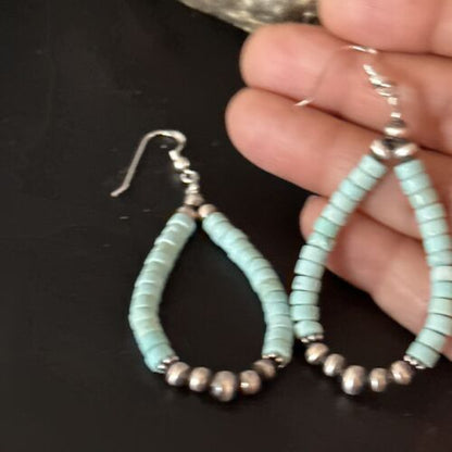 Navajo Blue Turquoise Heishi Dangle Earrings | Sterling Silver | 2" | Authentic Native American Handmade | 14363