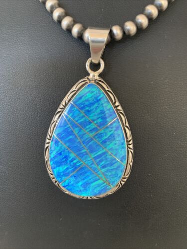Native American Women's Navajo Blue Faux Opal Pendant | Sterling Silver | 2.30" | 01896