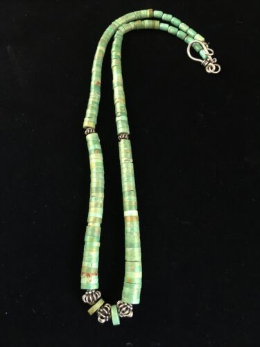 Navajo Green Turquoise Heishi Necklace | Sterling Silver | 22" | Graduated 10051