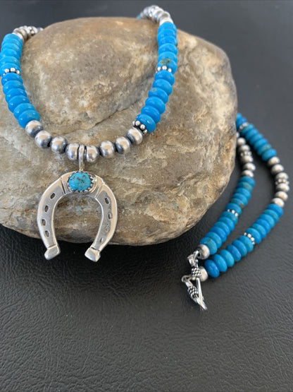 Navajo Blue Turquoise Naja Pendant | Sterling Silver Chain | Authentic Native American Handmade | 01944