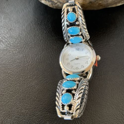 Navajo Sterling Silver Watch Tips | Blue Kingman Turquoise Band | Authentic Native American Jewelry | 11640