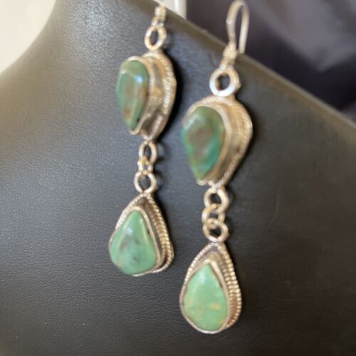 Navajo Royston Turquoise Dangle Earrings | Green Handmade | Sterling Silver | Authentic Native American | 1588