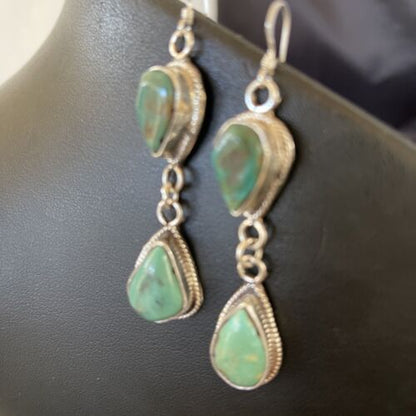 Navajo Royston Turquoise Dangle Earrings | Green Handmade | Sterling Silver | Authentic Native American | 1588
