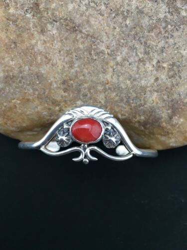Native American Coral Cuff Bracelet | Navajo Sterling Silver | Handmade | 4747