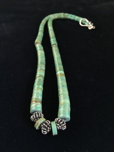 Navajo Green Turquoise Heishi Necklace | Sterling Silver | 22" | Graduated 10051
