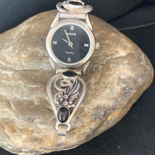 Authentic Navajo Sterling Silver Watch Tips with Black Onyx Band | Women's Feather Design | Native American Jewelry | 14042