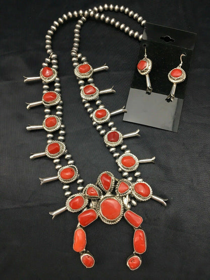 Navajo Coral Naja Pendant | Sterling Silver Squash Blossom Necklace & Earrings Set | 4176 - Masha USA