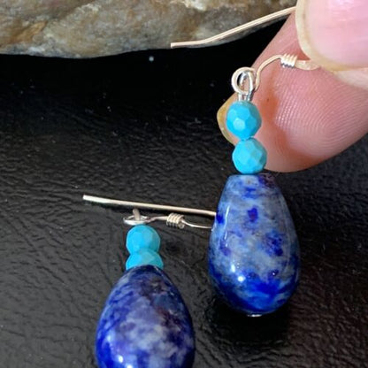 Navajo Lapis Lazuli Turquoise Bead Dangle Earrings | Sterling Silver | Authentic Native American Handmade | 1541