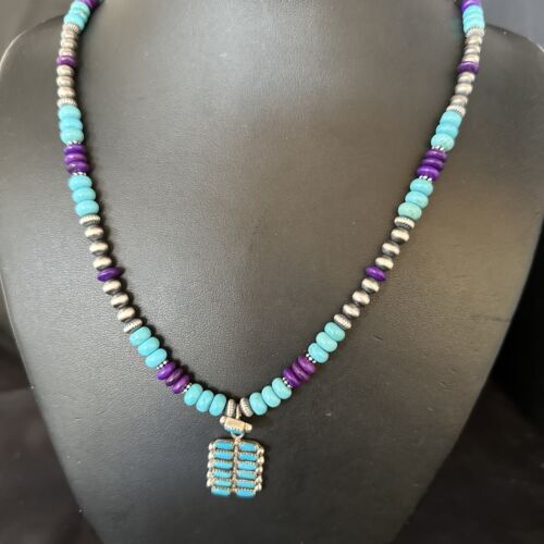 Blue Turquoise Sugilite Navajo Sterling Silver Necklace Pendant | Multi-Stone | 14644