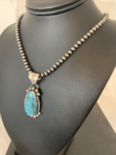 Men's Navajo Pearls Necklace with Blue Kingman Turquoise Pendant | Sterling Silver | Native American Handmade | 12962 - Masha USA