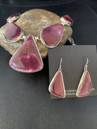 Navajo Purple Spiny Oyster Necklace Choker Earrings Set | Sterling Silver Pendant | 20" | Authentic Native American Handmade | 13792