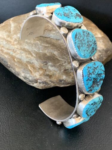 Navajo Sterling Silver Blue Kingman Turquoise Cuff Bracelet | 6 Stone | Authentic Native American Handmade | 12166