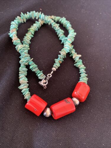 Native American Navajo Men's Necklace | Sterling Silver Turquoise Coral | 21" | 881