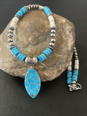 Zuni Turquoise Howlite Inlay Necklace Pendant | Sterling Silver | Authentic Native American Handmade | 02091