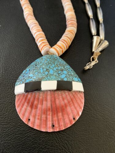 Authentic Native American Santo Domingo Shell Pendant Necklace | Spiny Oyster & Blue Turquoise | 26" | 12519