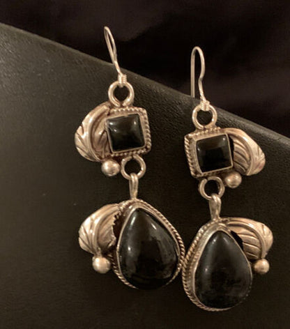 Southwestern Navajo Black Onyx Dangle Earrings | Sterling Silver | 1.5" | 1531