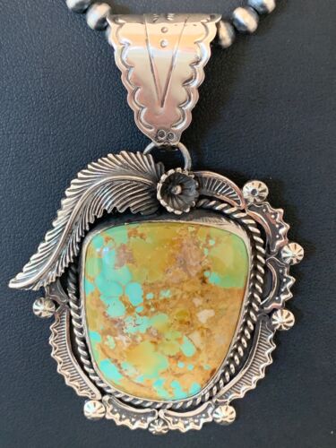 Navajo Royston Turquoise Pendant Necklace | Sterling Silver | Authentic Native American Handmade | 4126 - Masha USA