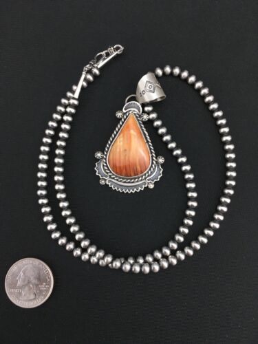 Navajo Orange Spiny Oyster Pendant Necklace | Sterling Silver Pearls | Authentic Native American Handmade | 4883