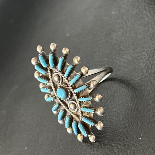 Zuni Blue Turquoise Cluster Needle Point Ring | Authentic Native American Sterling Silver | Multi-Stone | Sz 9 | 14568