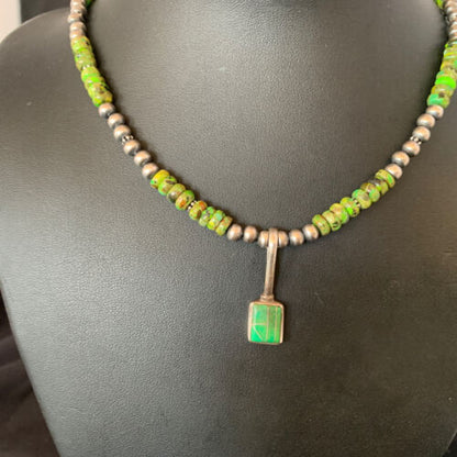 Navajo Green Gaspeite Turquoise Pendant | Sterling Silver | Authentic Native American Handmade | 13266