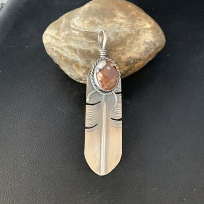 Men's Wild Horse Turquoise Feather Pendant | Navajo Sterling Silver | Authentic Native American Handmade | 13986