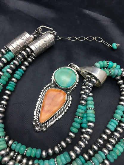Navajo Kingman Turquoise & Spiny Oyster Necklace Pendant | Sterling Silver | 21" | Multi-Stone 2861