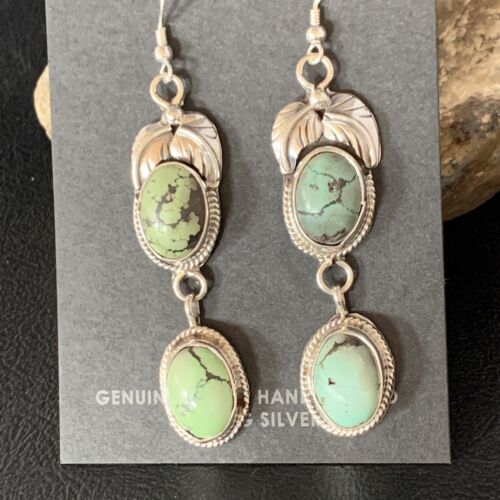 Navajo Green Spiderweb Turquoise Dangle Earrings | Sterling Silver | Authentic Native American Handmade | 13554