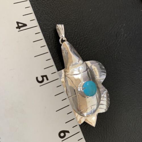Navajo Blue Turquoise Turtle Pendant | Sterling Silver | Authentic Native American Handmade | 12804