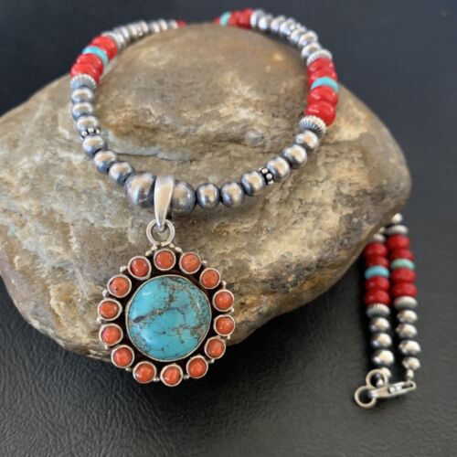 Southwestern Navajo Multi-Stone Necklace | Turquoise Coral Pendant | Sterling Silver | 21" | 12581