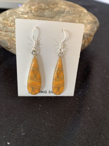 Navajo Orange Spiny Oyster Inlay Earrings | Sterling Silver | 1.5" | Authentic Native American Handmade | 976