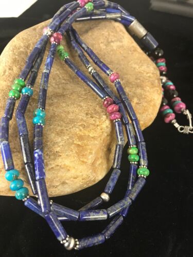 Navajo Denim Lapis Multi Strand Necklace | Sterling Silver | 22" | Authentic Native American Handmade | 3342 - Masha USA
