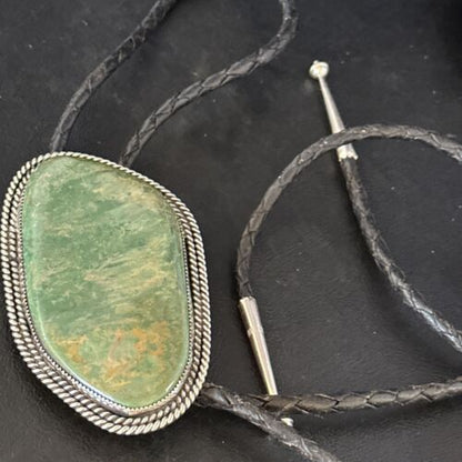 Men's Green Royston Turquoise Bolo Tie | 4" | Sterling Silver | Navajo | Authentic Native American Handmade | 14521
