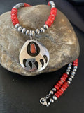 Navajo Bear Paw Red Coral Pendant Necklace | Sterling Silver | Authentic Native American Handmade | 11695