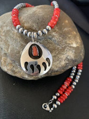 Navajo Bear Paw Red Coral Pendant Necklace | Sterling Silver | Authentic Native American Handmade | 11695