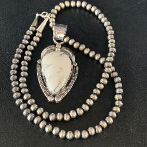 White Buffalo Turquoise Pendant Necklace | Sterling Silver | Navajo | Authentic Native American Handmade | 14049
