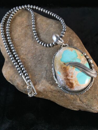 Royston Turquoise Pendant | Navajo Pearls Sterling Silver Necklace | Authentic Native American Handmade | 8730