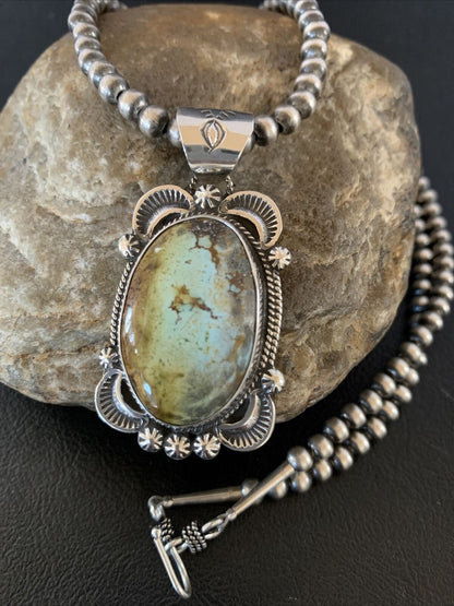 Men's Navajo Pearl Necklace with Blue Golden Hills Turquoise Pendant | Sterling Silver | 10319