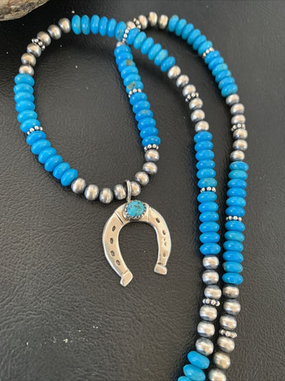 Navajo Blue Turquoise Naja Pendant | Sterling Silver Chain | Authentic Native American Handmade | 01944