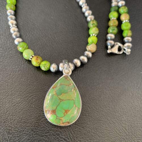 Navajo Pearl Necklace with Green Mojave Turquoise Pendant | Sterling Silver | Authentic Native American Handmade | 11759