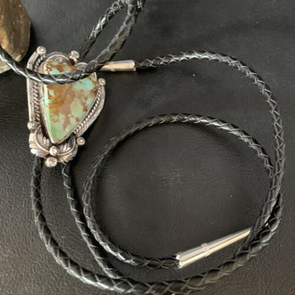 Navajo Green Royston Turquoise Bolo Tie | Sterling Silver | Authentic Native American Handmade | 14109