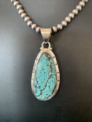 Men's Navajo Pearl Necklace with Blue Spiderweb Turquoise Pendant | Sterling Silver | 10538