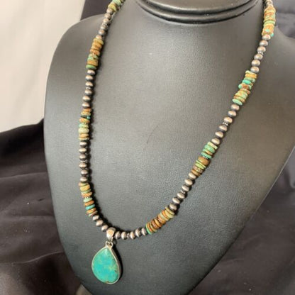 Navajo Royston Bead Green Turquoise Necklace Pendant | Sterling Silver | Authentic Native American Handmade | 11868