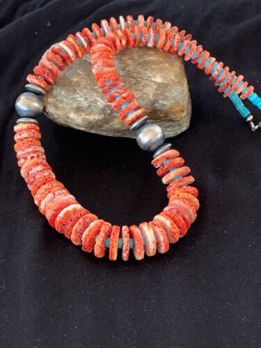 Red Spiny Oyster & Blue Turquoise Graduated Necklace | Sterling Silver | Authentic Native American | 25" | 13712
