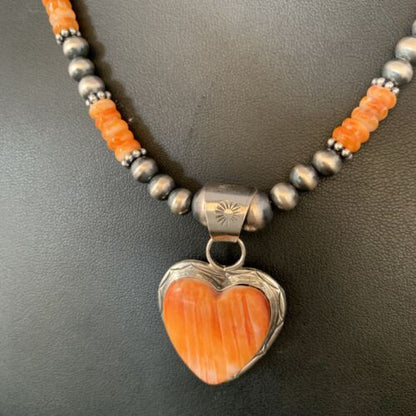 Navajo Orange Heart Spiny Oyster Pendant | Sterling Silver Necklace | Authentic Native American Handmade | 13946