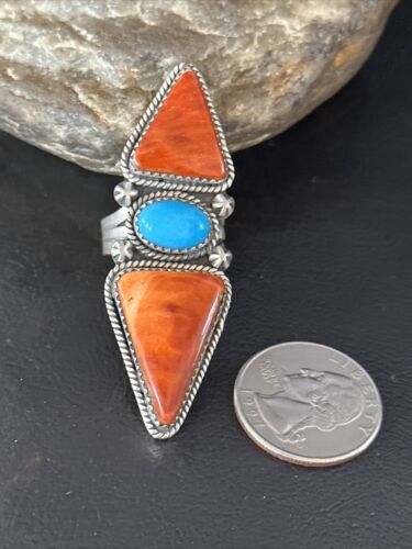 Navajo Orange Spiny Oyster Multi-Stone Ring | Authentic Native American Sterling Silver | Multi-Stone | Sz 6.5 | 14505